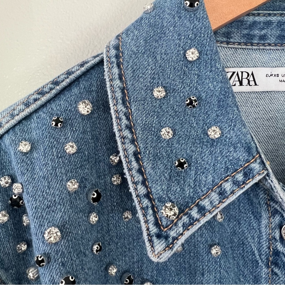 Zara Demin Rhinestone Button Down Shirt Jean Jacket Embellished Long Sleeve - Picture 6 of 10
